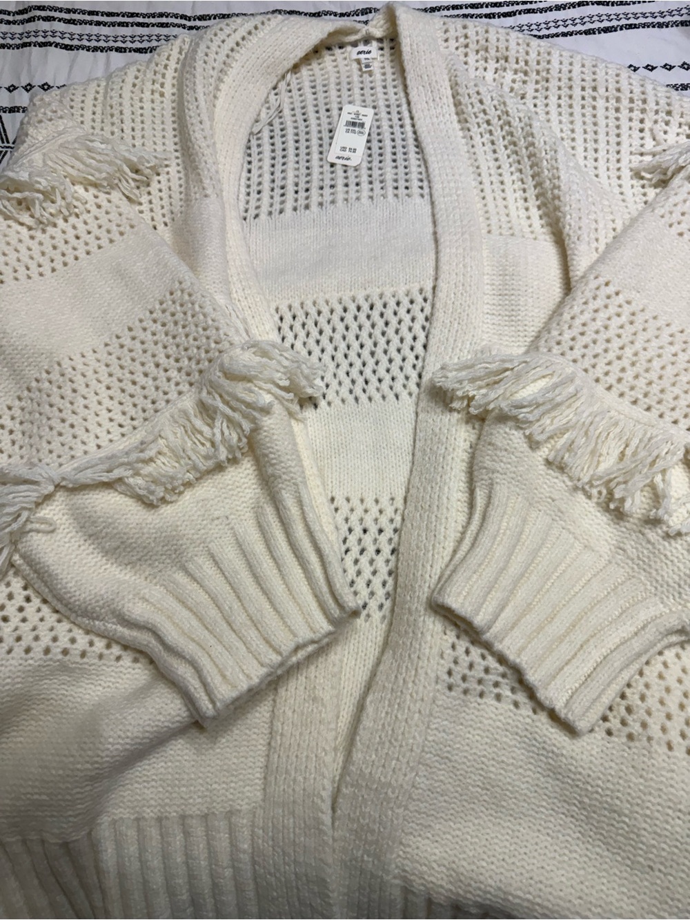 Women's Cream Open-Front Fringe Knit Cardigan Sweater from Aerie